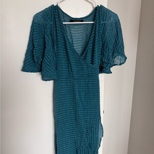 Blue White Striped Chiffon Hi-Low Flared 3/4 Sleeve V-Neck Tie Dress